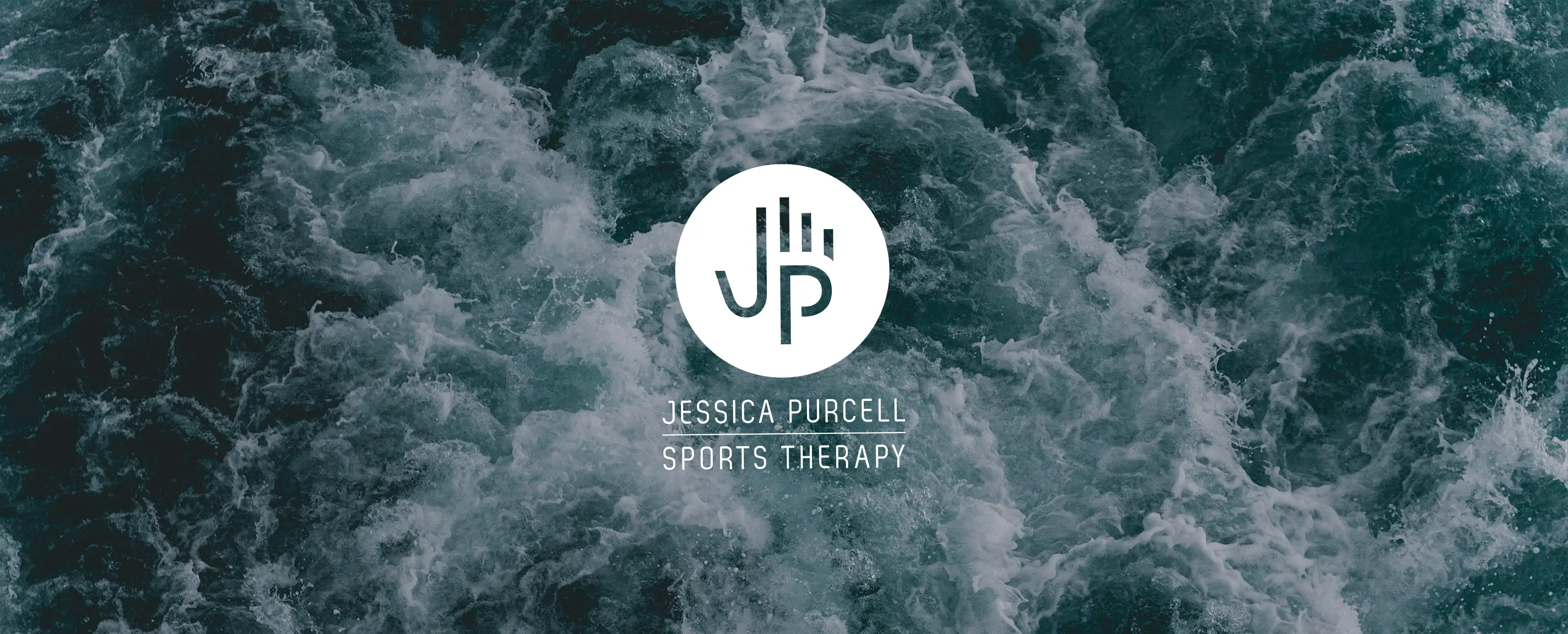 White Jessica Purcell Sports Therapy abstract hand logo overlaid on an overhead photo of choppy sea.