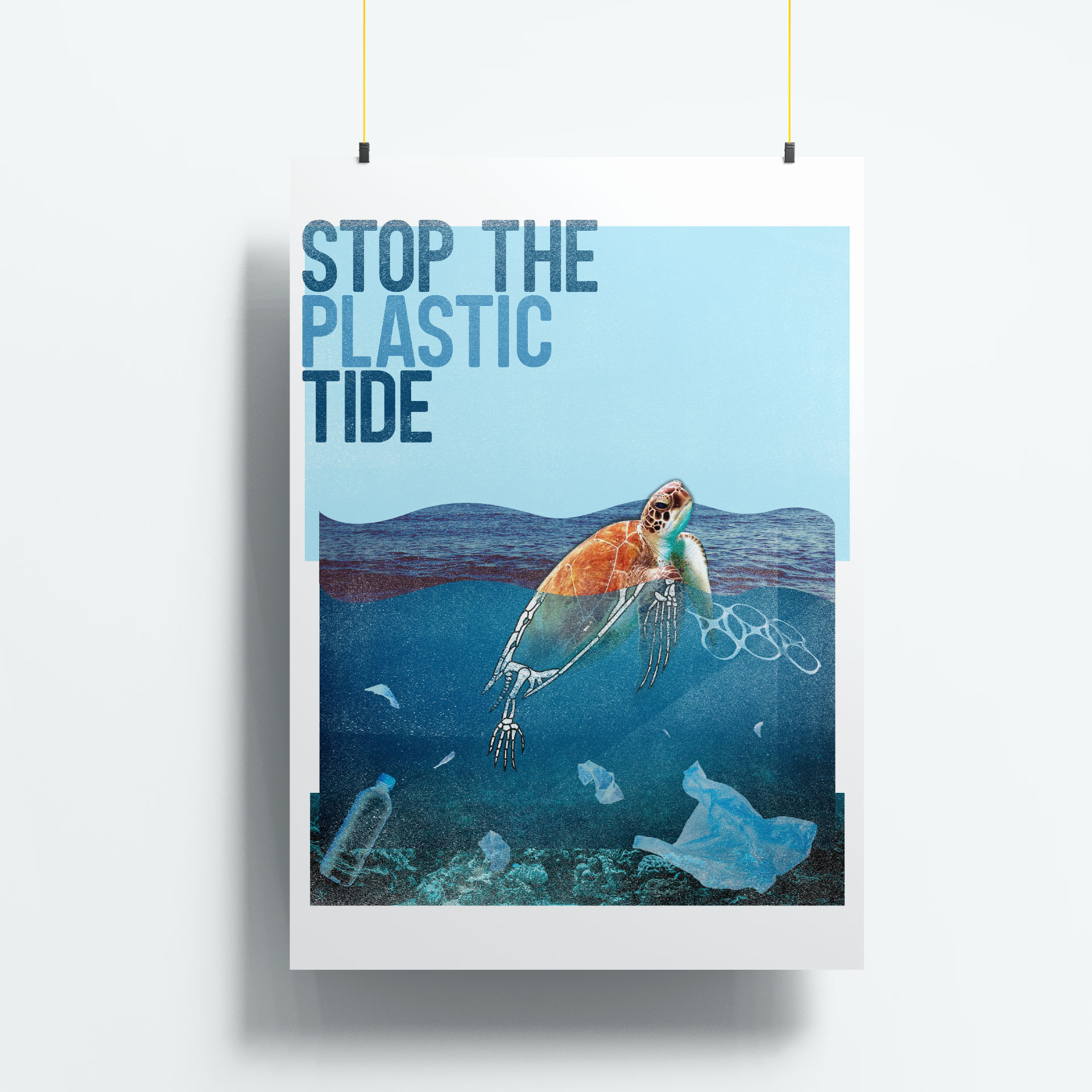 Hanging poster against a light background, featuring a photo collage of a sea turtle in the ocean. The turtle’s head is above the surface, while its body fades below, overlaid with a digitally illustrated skeleton. Plastic packaging floats around it.