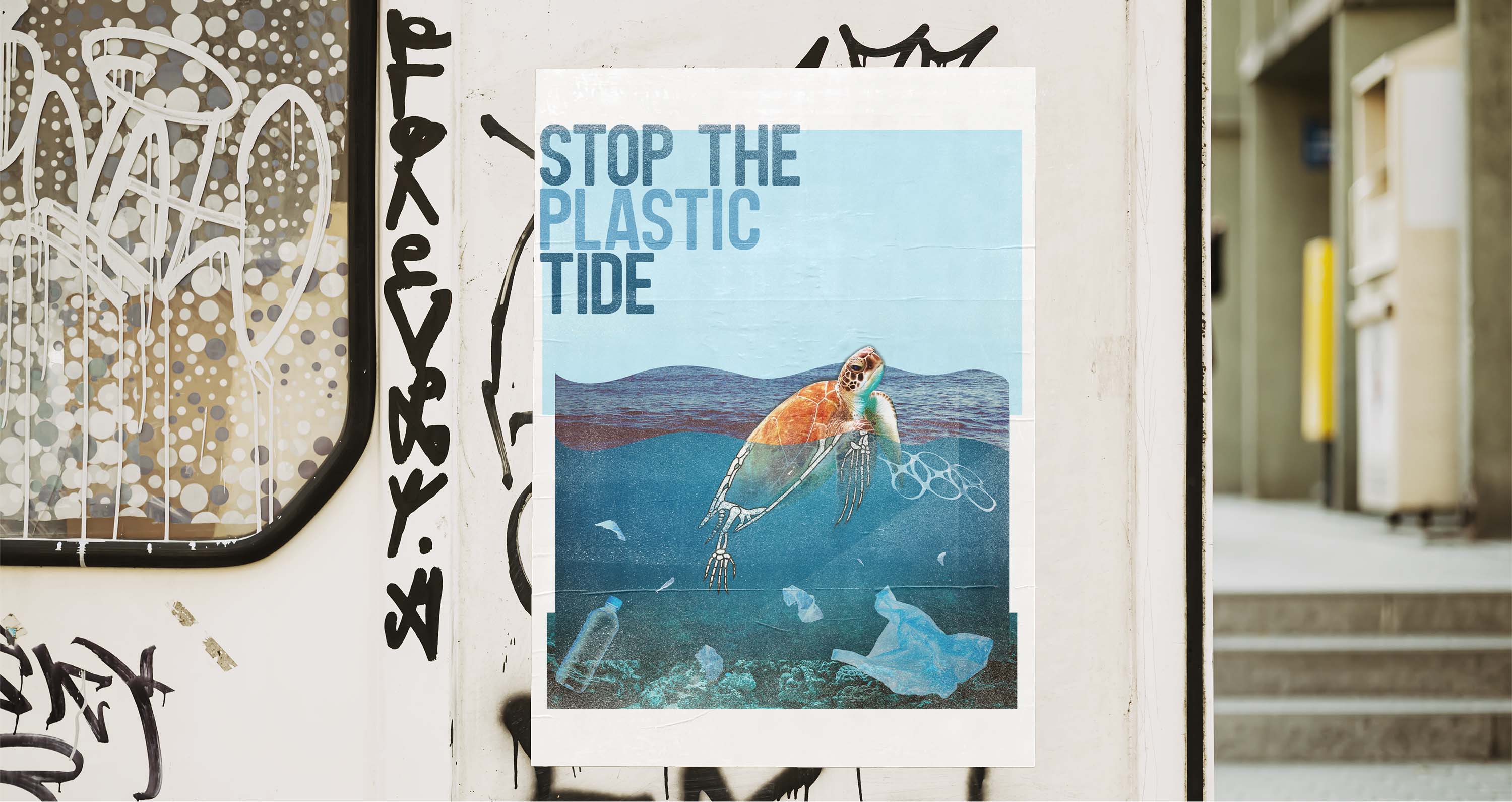 Glued poster displayed in an urban area, showing a photo collage of a sea turtle in the ocean. The turtle’s head is above the surface, while its body fades below, overlaid with a digitally illustrated skeleton. Plastic packaging floats around it.