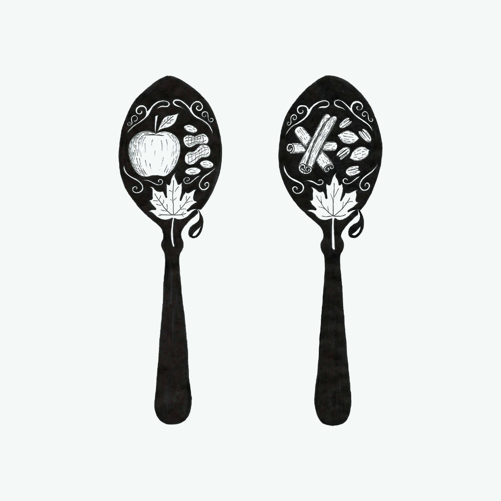 Two illustrated spoon silhouettes on a light background, each featuring ingredient motifs in cut-out style. One shows apple and peanuts, the other cinnamon and pecan. Both have a maple leaf with a droplet on the bowl of the spoon.