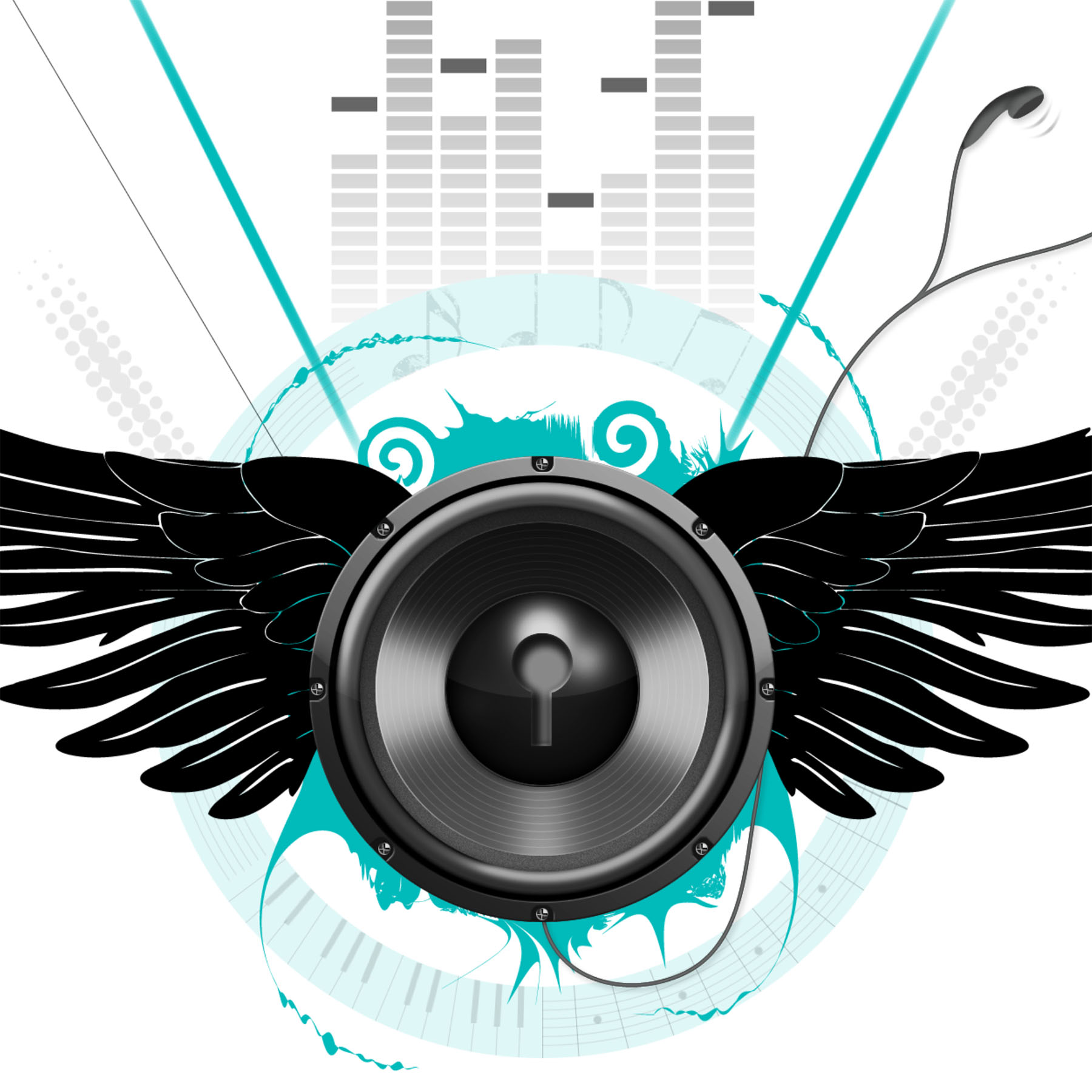 Close-up showing the digitally illustrated speaker with wings on white, surrounded by musical elements like a digitiser, headphones, and musical notes.