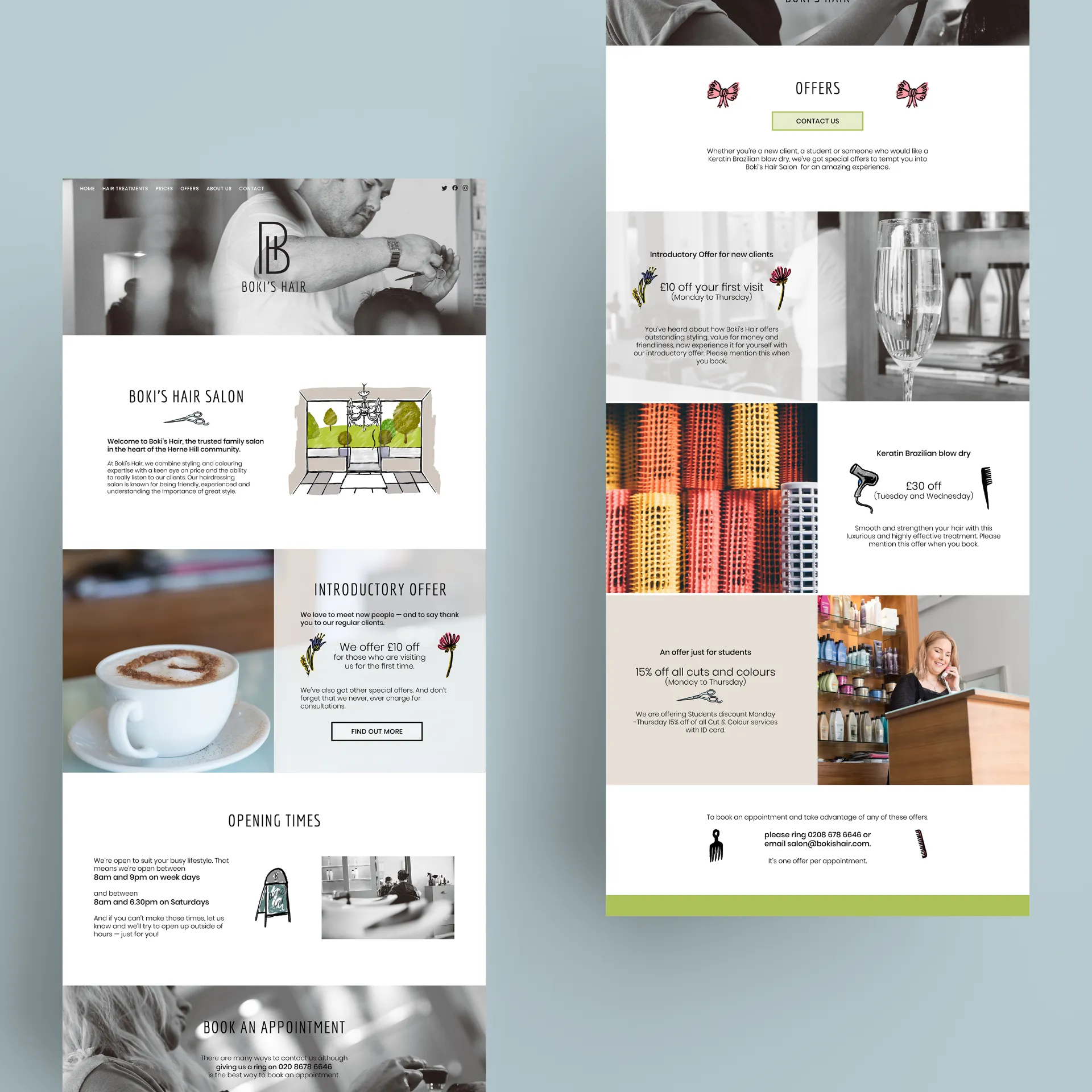 Two website layout mockups for Boki’s Hair, showing the homepage and offers page.