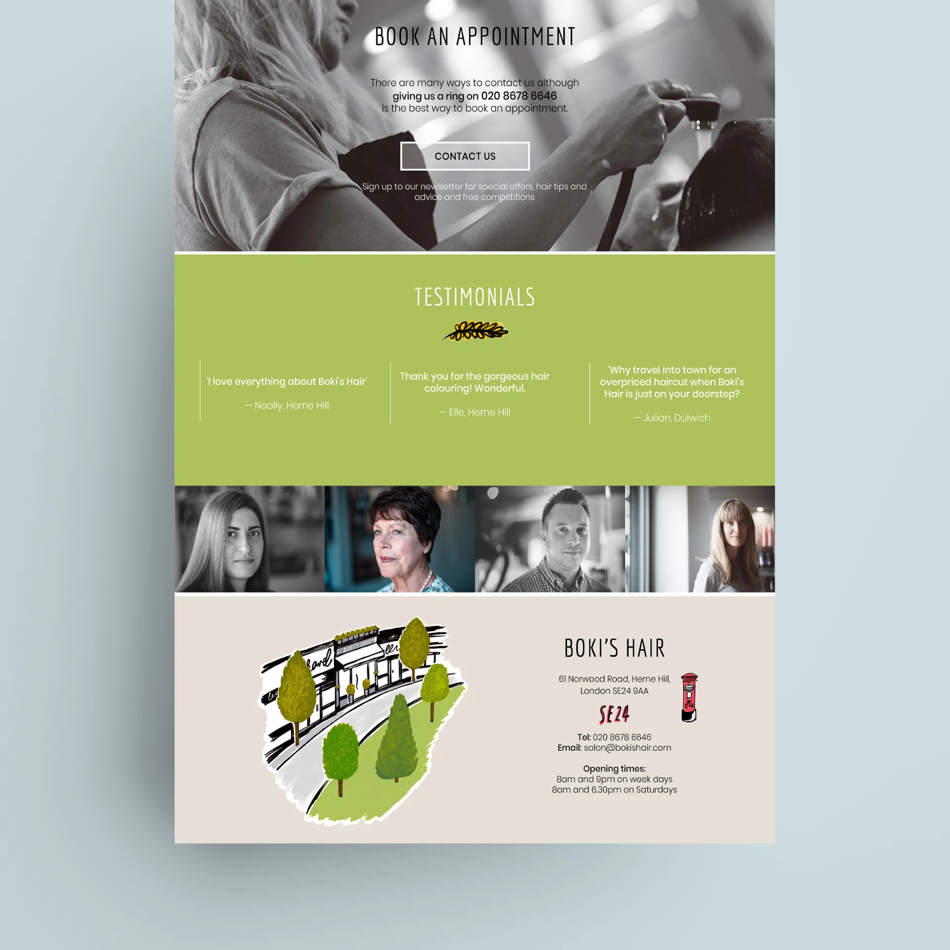 Website layout showing the appointment booking section, client testimonials, haircut images, and footer.