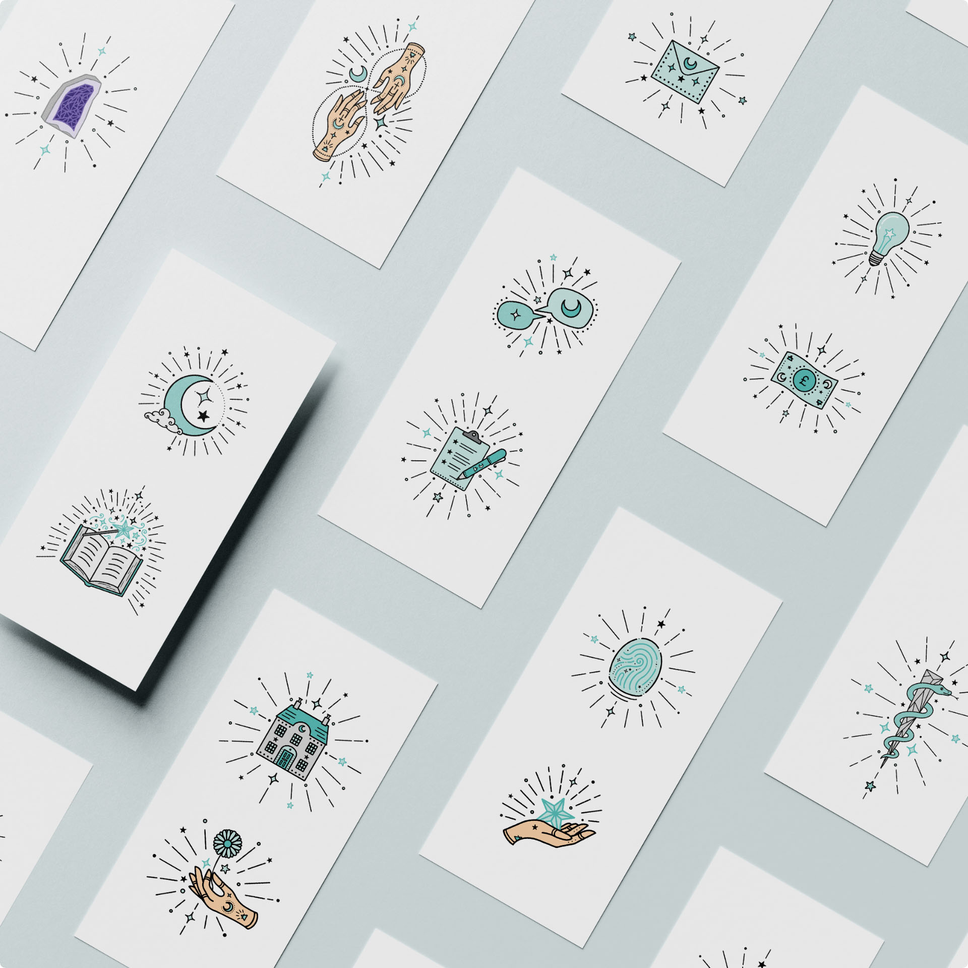 Hand-drawn icons on rectangular cards in a diagonal grid, including an amethyst geode, crescent moon, spell book and wand, house, lightbulb, and a crystal with a snake.