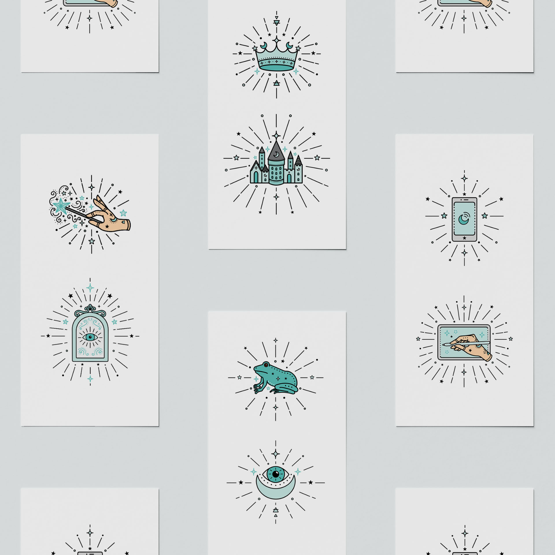 Hand-drawn icons on rectangular cards in a grid, including a mystic mirror, crown, castle, frog and eye.