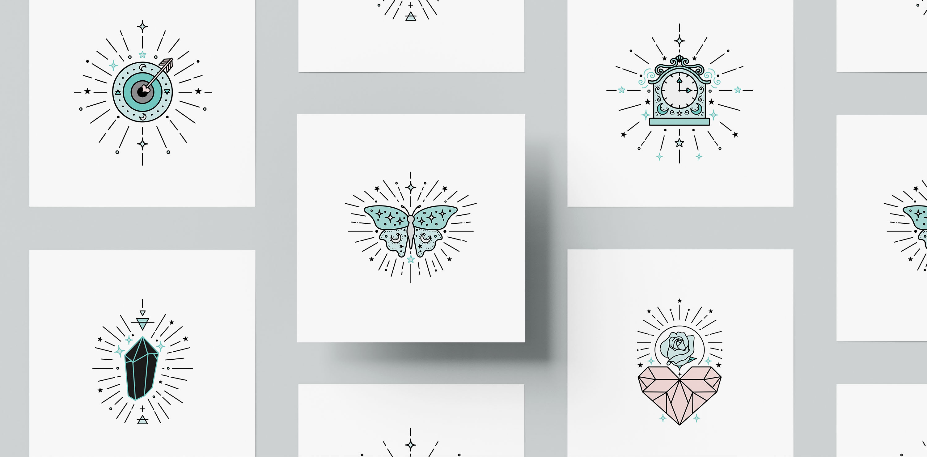 A grid of square cards showing various hand-drawn icons: a target with heart-shaped arrow, black onyx crystal, butterfly, ornate clock, and a rose and heart crystal representing rose quartz.