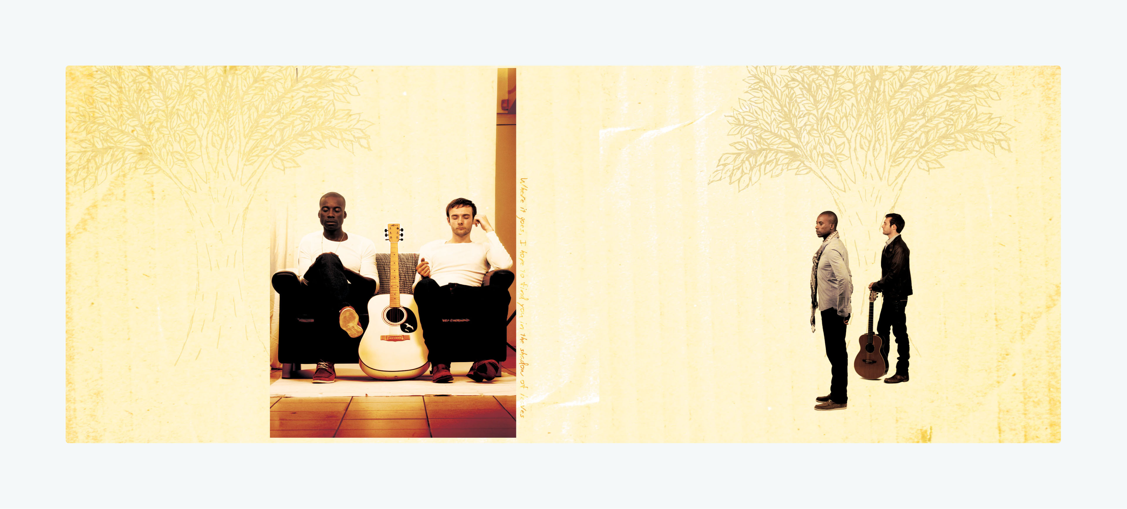 CD artwork showing the centre booklet photo of Randolph Matthews and Byron Johnston seated on a sofa with eyes closed and a guitar between them, alongside tray inlay artwork with both men standing in front of an illustrated tree.