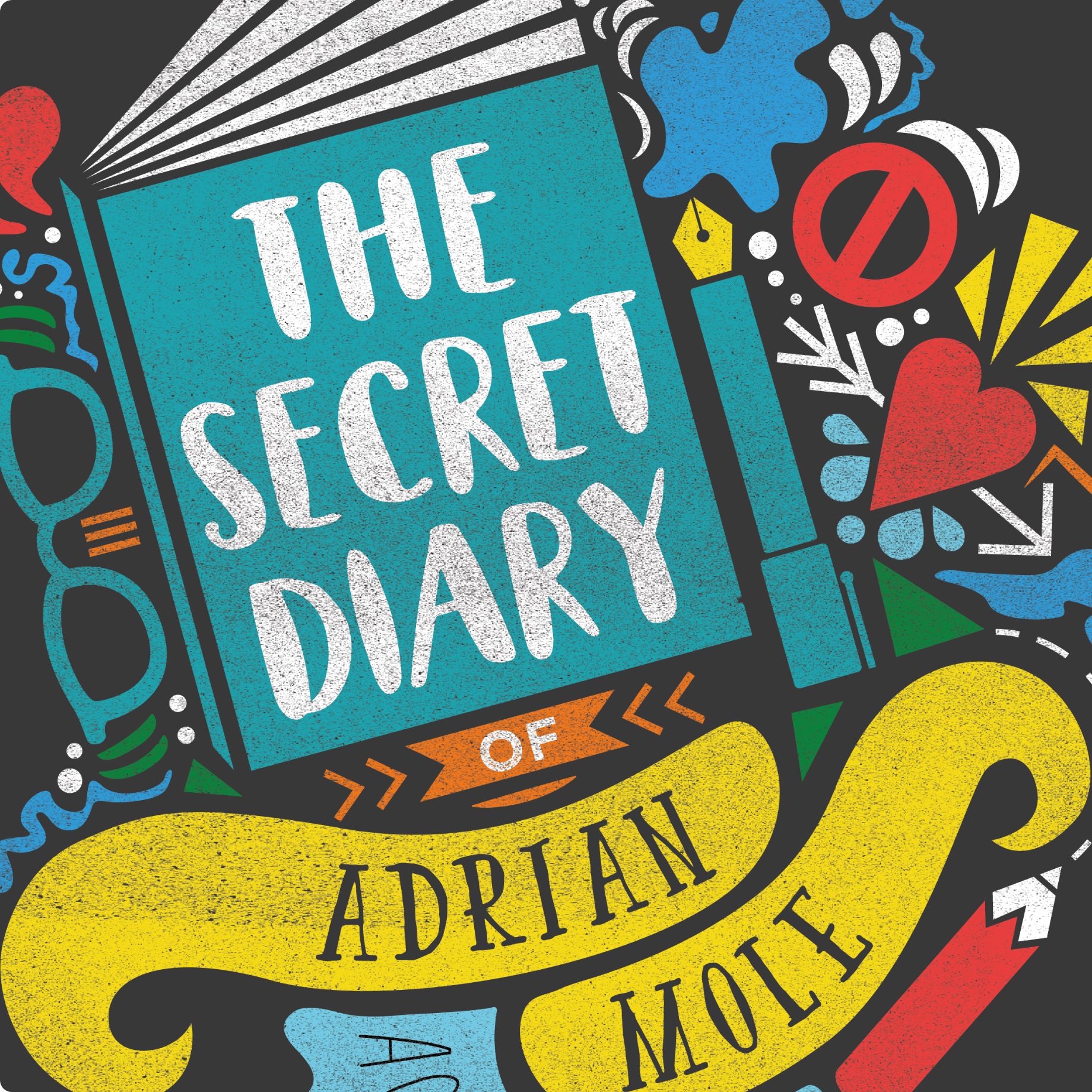 Close-up detail showing a diary mid-opening, formed from geometric shapes, with graphical elements spilling out—including glasses, a fountain pen, a no entry sign, an arrow through a heart, and an ink splat.