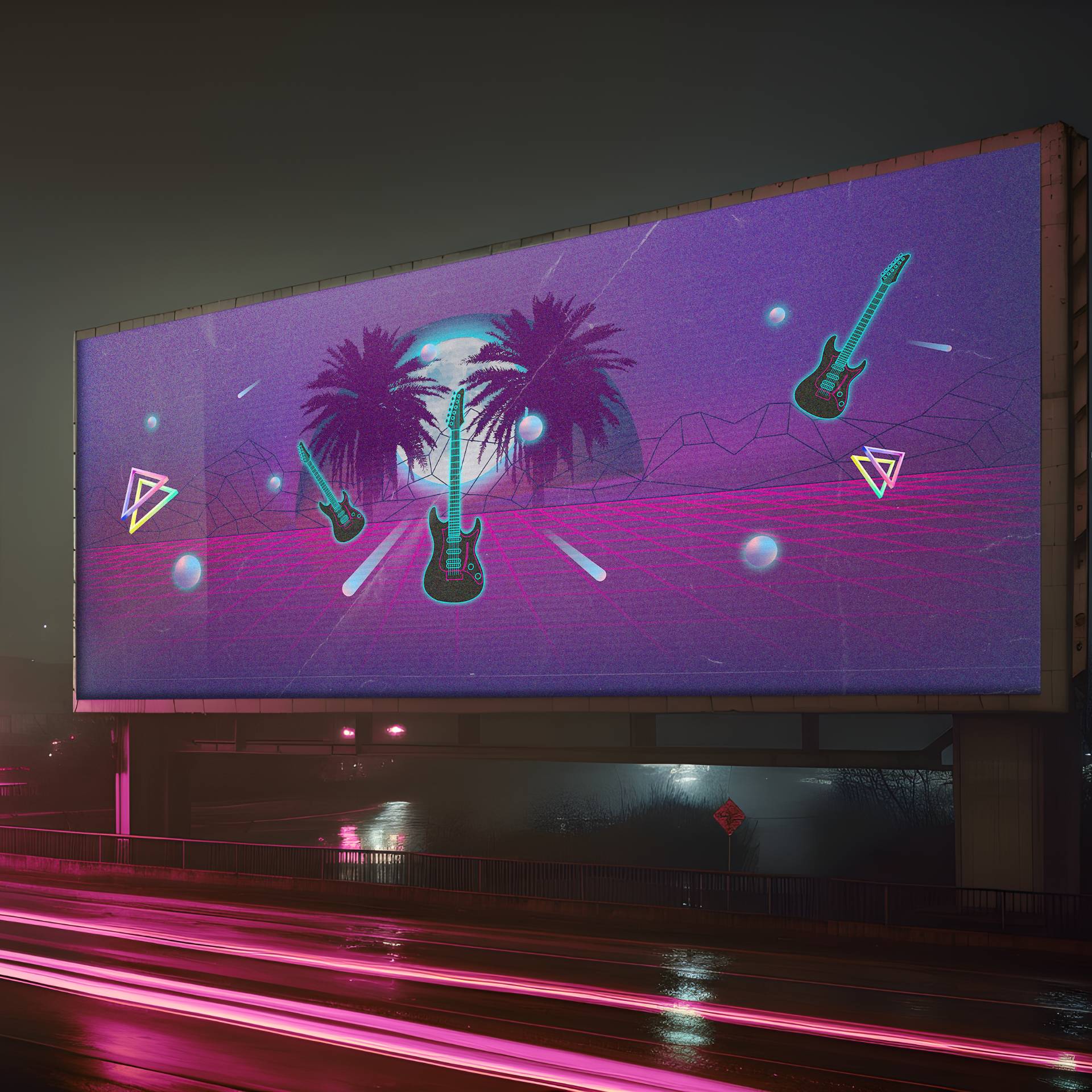STW Music social media banner displayed on a roadside billboard with pink light trails, featuring retrowave-style design elements: a moon between two palm trees, three floating electric guitars, and grid patterns.
