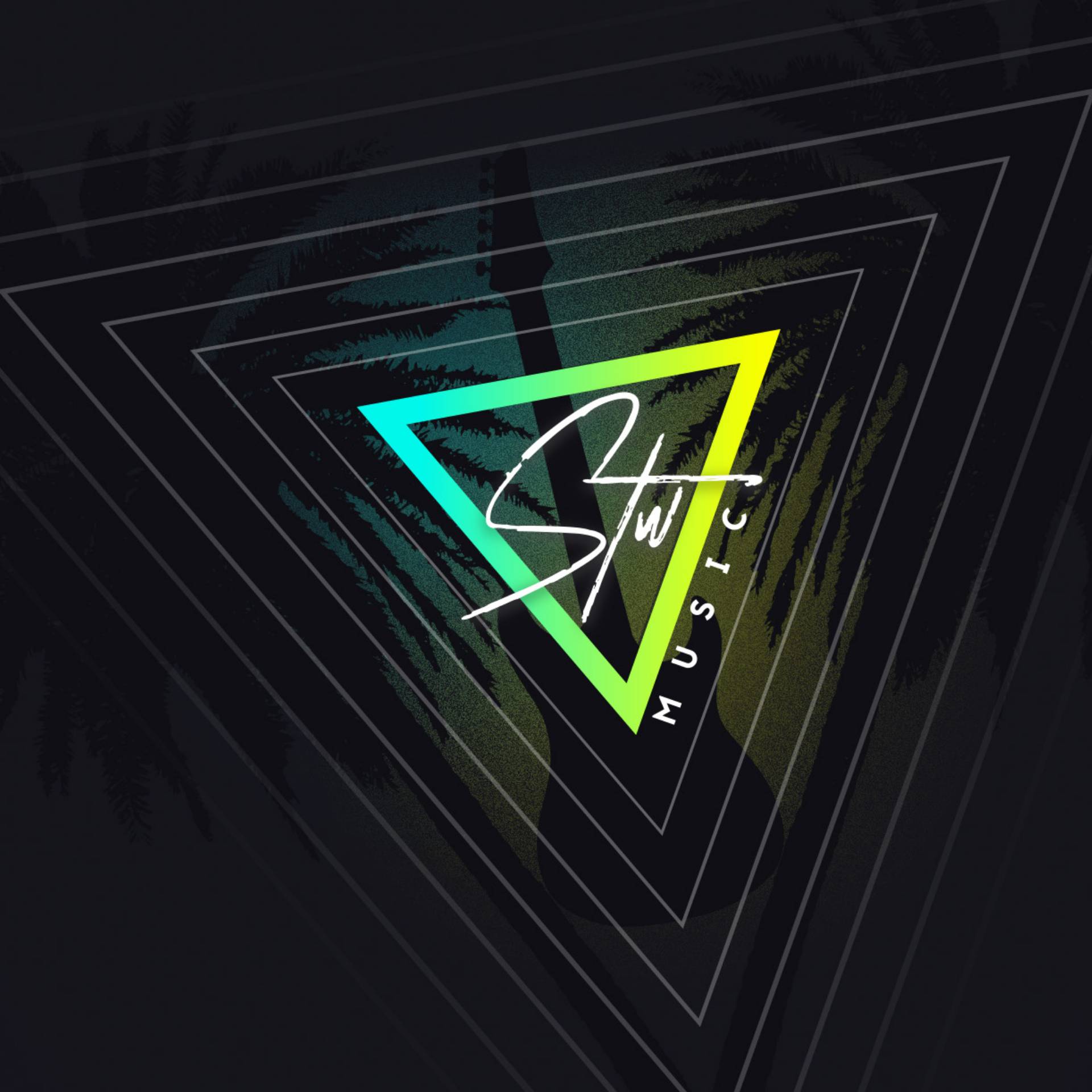 STW Music logo: neon turquoise and yellow gradient triangle with 'stw' in white retro script and 'music' in white sans serif down the right side, on a black background with neon-lit silhouettes of palm trees and an electric guitar.
