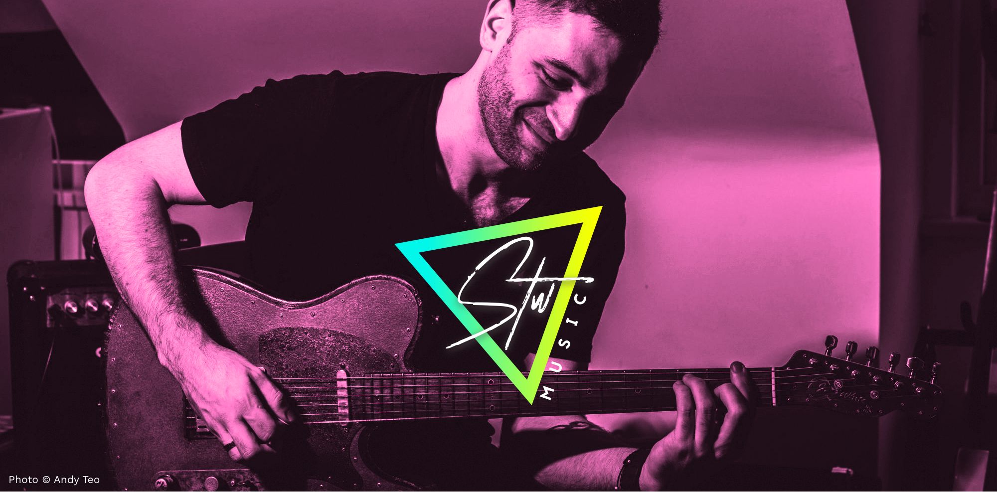 STW Music logo overlaid on a photo of Sam Whiting playing guitar, edited with neon pink colouring.