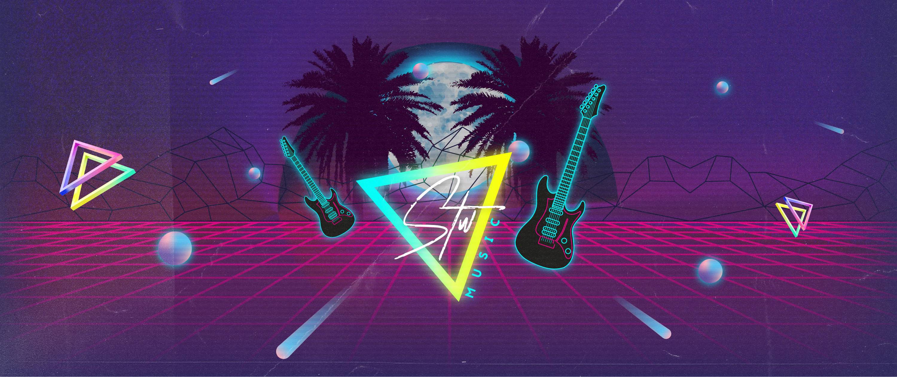 Image showing the full STW Music social media banner: a moon between two silhouetted palm trees, three floating black electric guitars outlined in neon turquoise and pink, on a purple background with neon pink grid patterns and retro-futuristic elements.