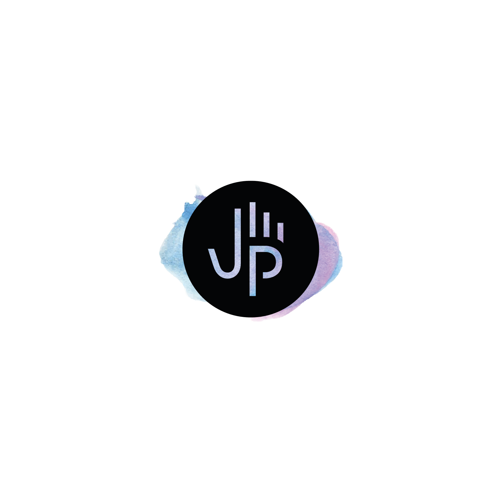 Massage by JP abstract black hand logo on a blue and purple watercolor background, no text.