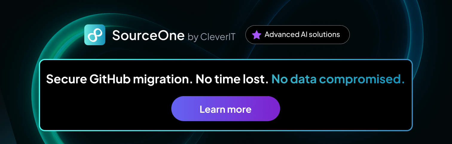 SourceOne by CleverIT logo with banner promoting secure GitHub migration without data loss