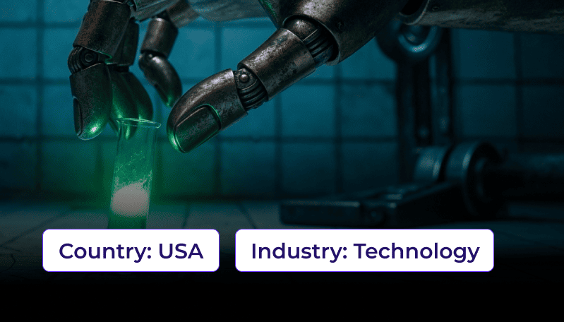 Mano robótica sujetando un tubo de ensayo con líquido brillante en un laboratorio tecnológico. País USA, Industria: Tecnológica.