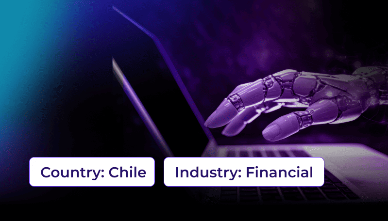 Mano robótica sobre un computador representando desarrollo de software con inteligencia artificial texto: País: Chile, industria: Financiera.