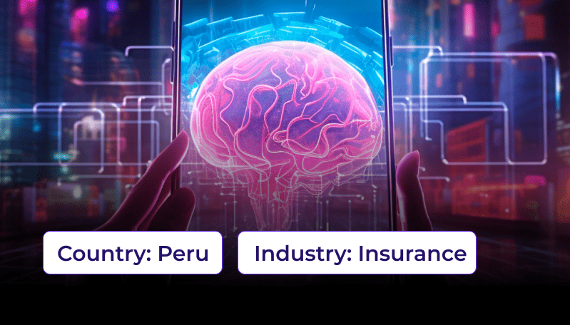 Manos sosteniendo un teléfono con una imagen holográfica de un cerebro iluminado, que hace alusión a la integración de DevsecOps en apps móviles. con etiquetas que indican País: Perú e Industria: Seguros.