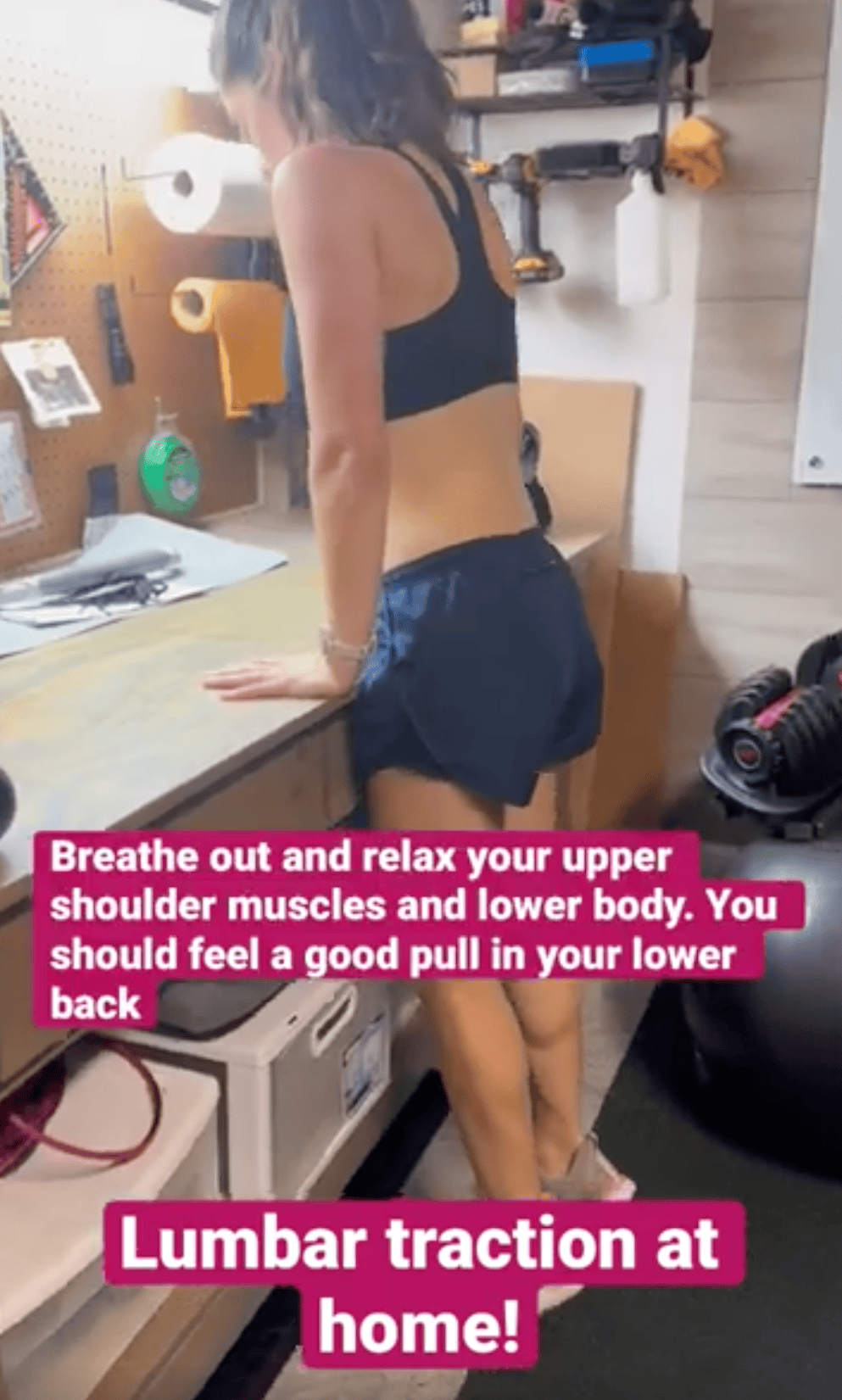 Women doing a Lumbar Traction while holding onto the counter