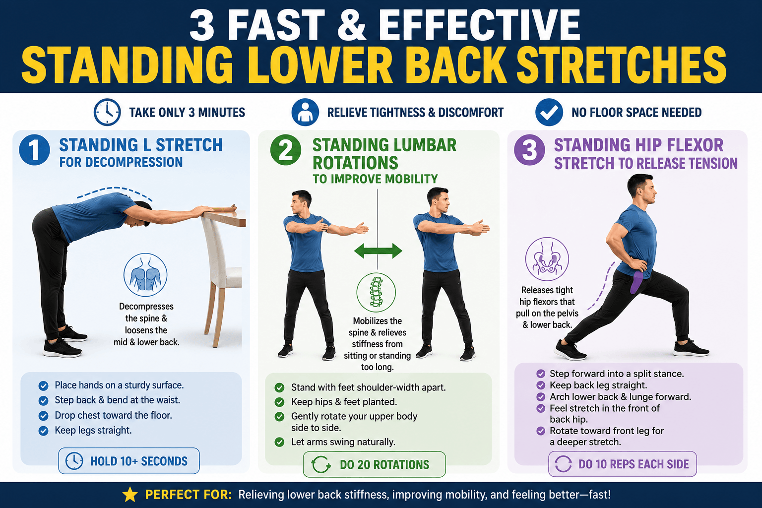 Infographic of standing lower back stretches