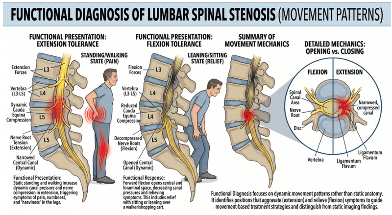 Functional diagnosis of lumbar spinal stenosis: illustration from the book comparing standing and walking, where the space around the nerves narrows and pain builds in the legs, with leaning forward or sitting, where the space opens and symptoms ease