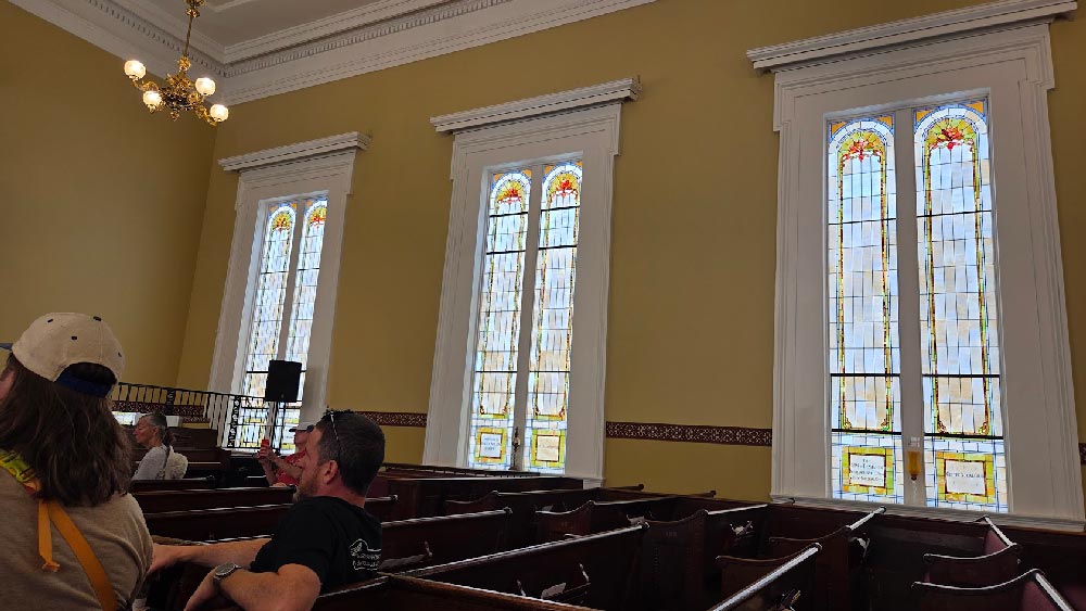 Some of the restored stained-glass windows that were restored, each one costing thousands of dollars