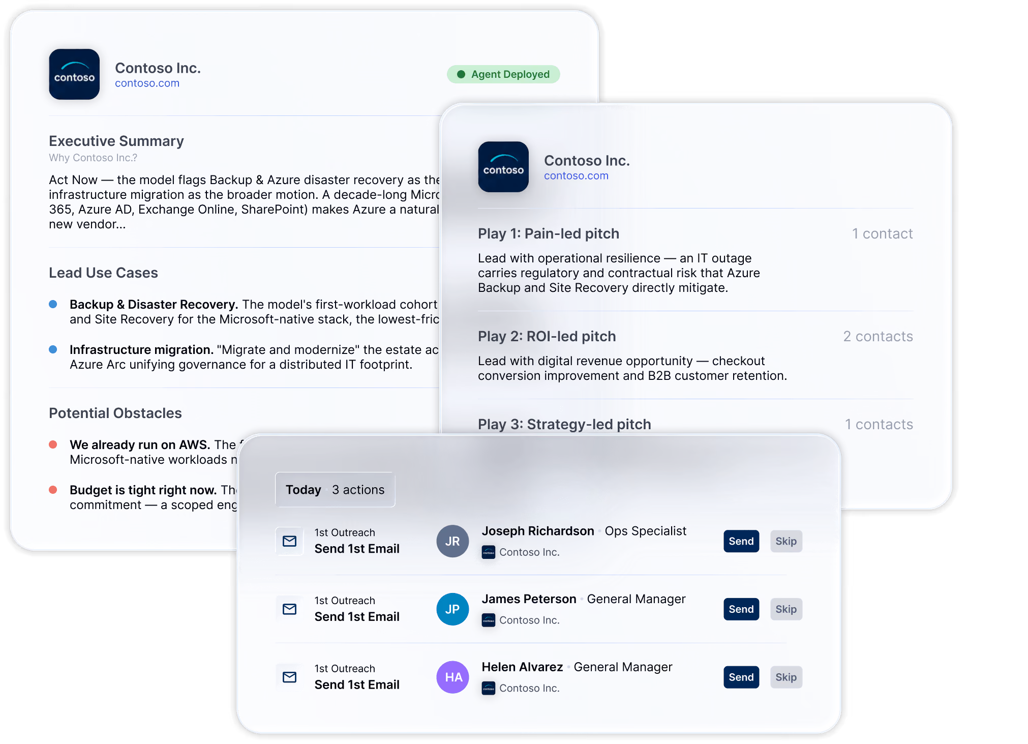 Pipeline Agent's My Agent Managed Accounts dashboard, showing today's outreach actions ready to send
