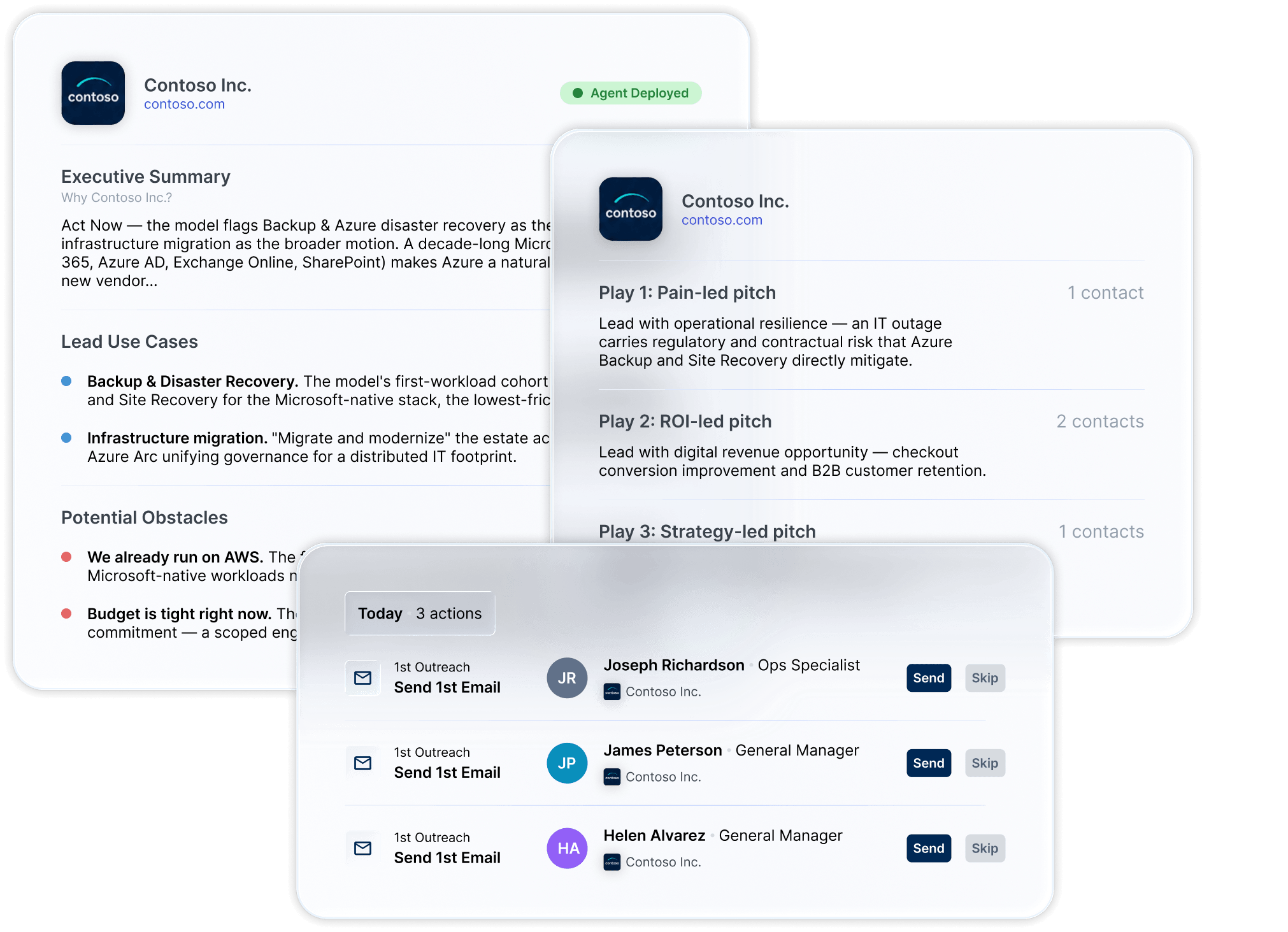 Pipeline Agent's My Agent Managed Accounts dashboard, showing today's outreach actions ready to send