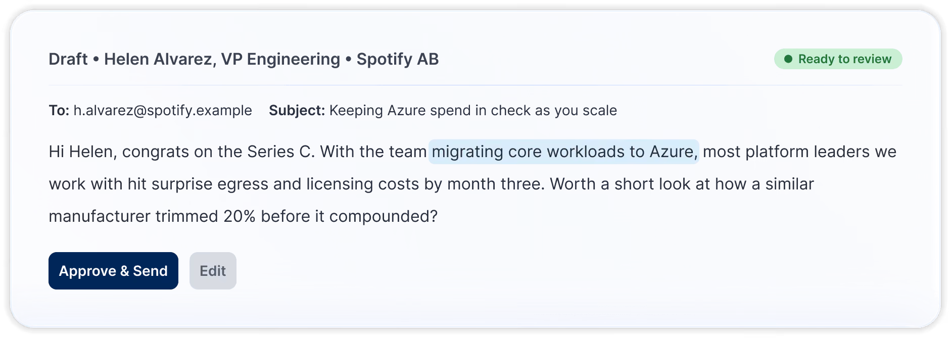 Drafted outreach email to Helen Alvarez at Spotify AB, ready for the seller to review, approve, and send