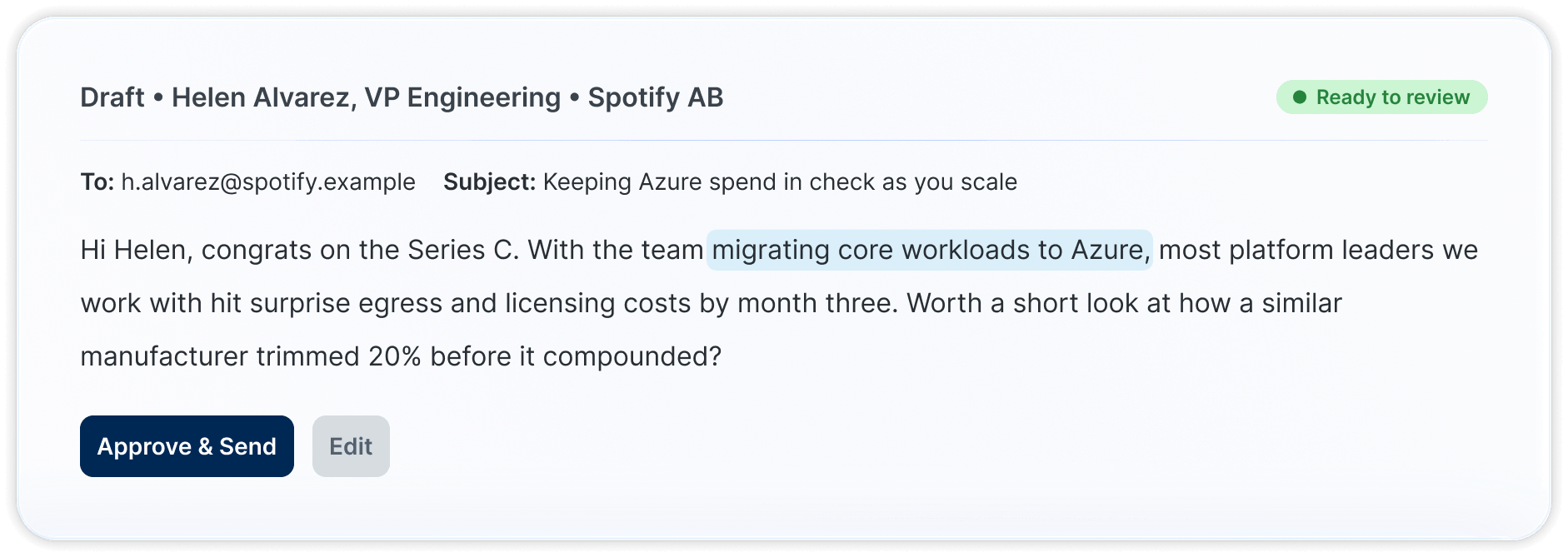 Drafted outreach email to Helen Alvarez at Spotify AB, ready for the seller to review, approve, and send