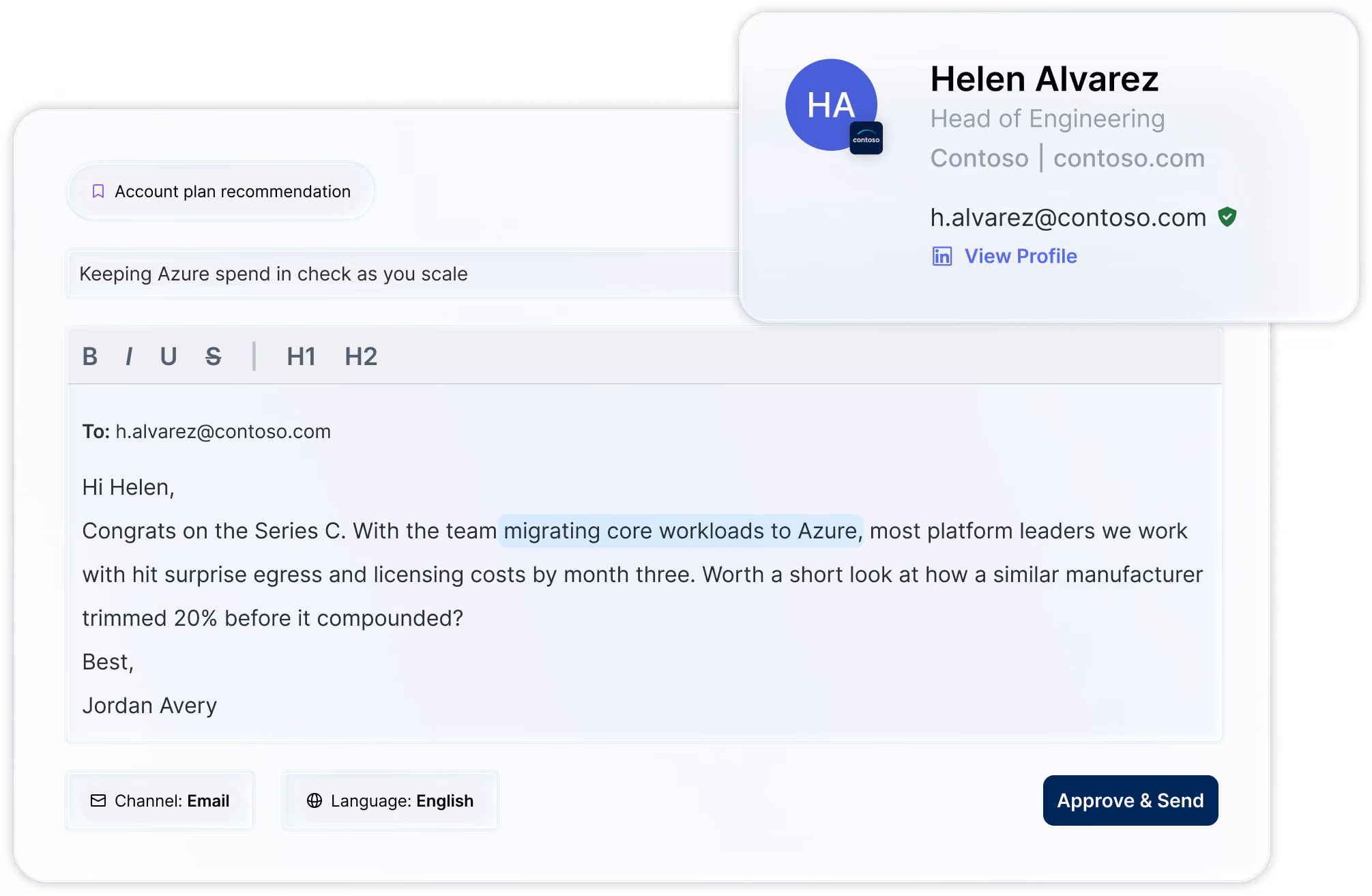 Drafted outreach email to Helen Alvarez at Spotify AB, ready for the seller to review, approve, and send