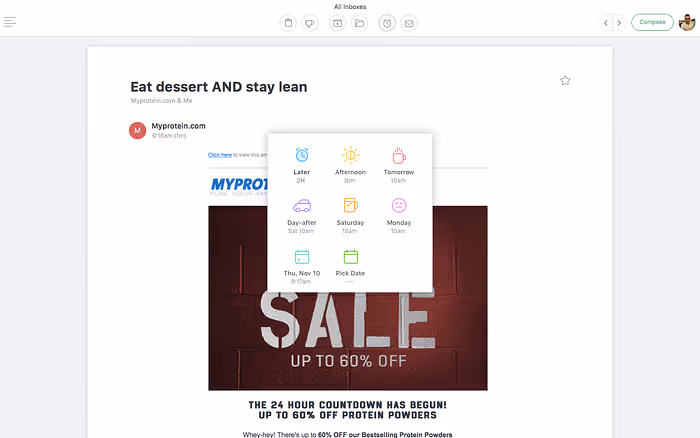 Screenshot of snoozing an email 