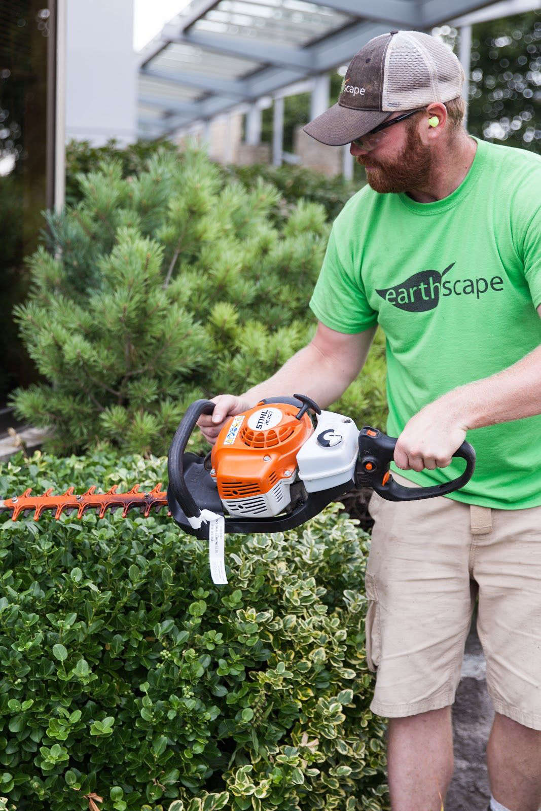 A landscaper trimming the bushes.