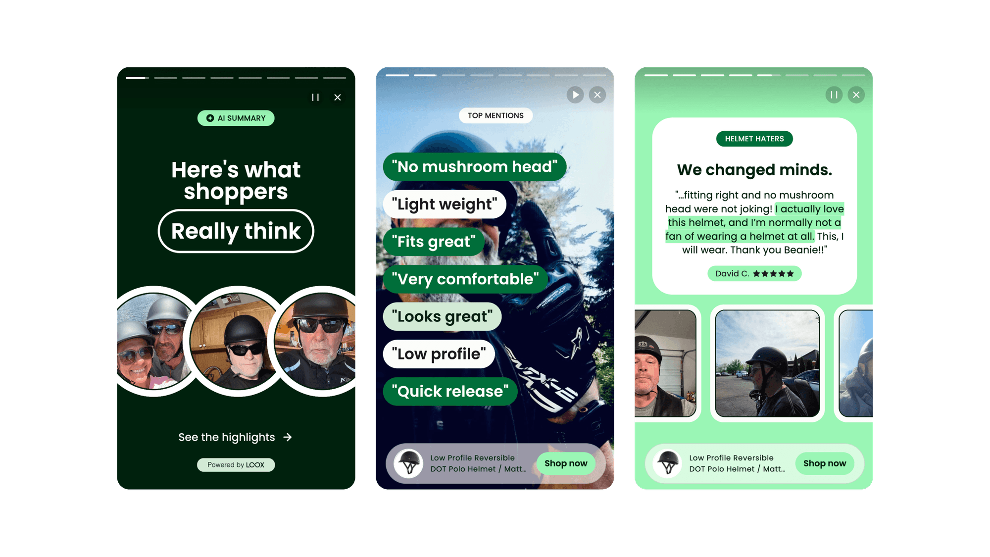 Screenshot of AI Review stories from Beaniehelmets.com