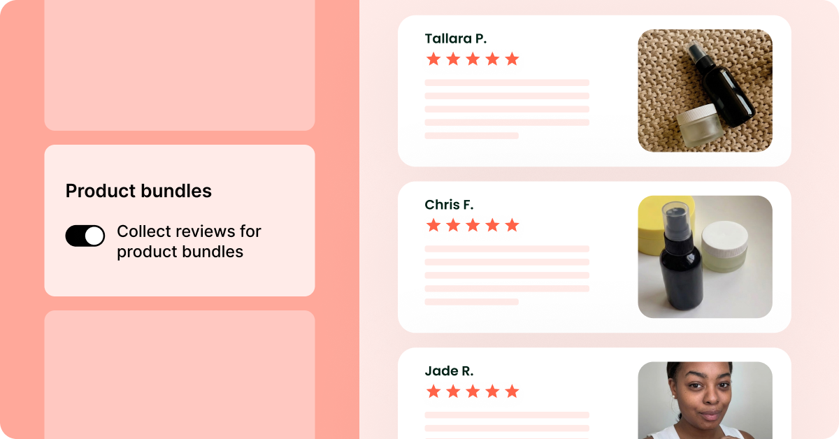 Collect reviews for product bundles toggle in the Loox admin, next to customer reviews of a skincare bundle
