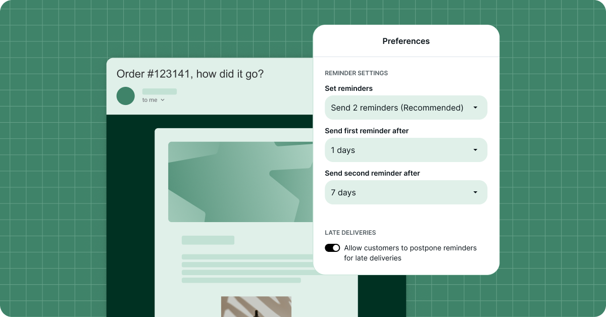 Loox review reminder settings with dropdowns to set when the first and second reminders are sent