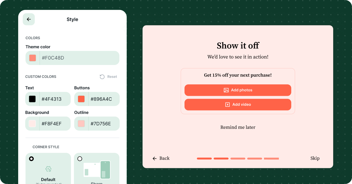 Loox review form editor with custom text, button, background, and outline colors