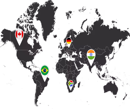 World map with pins indicating Canada, Brazil, Germany, India, and South Africa. Each location features a pin with the country's flag.