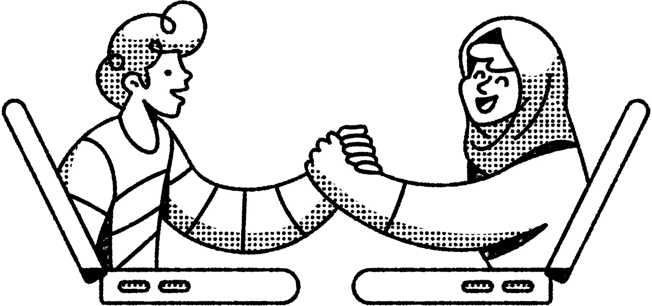 A black and white cartoon shows two cheerful figures shaking hands, wearing hats and striped shirts, symbolizing friendship and cooperation.