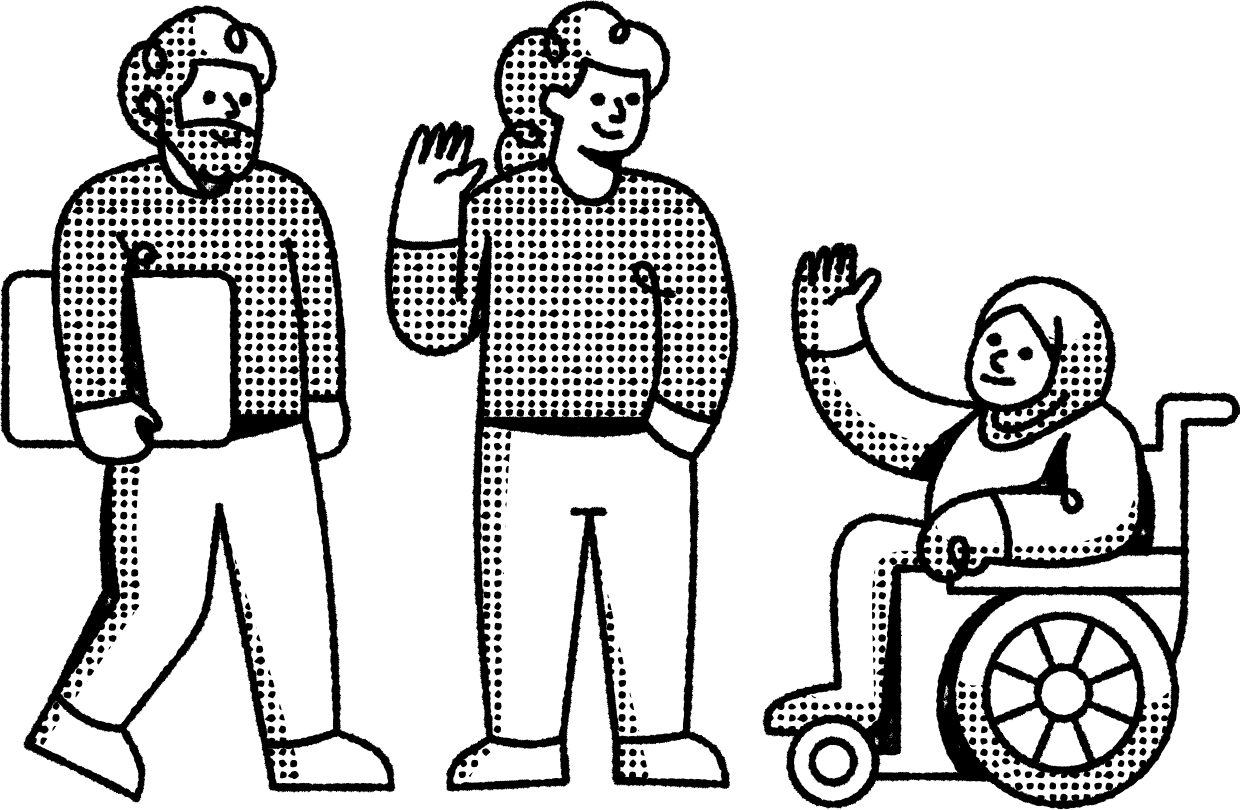 A decorative image of three employees greetings each other