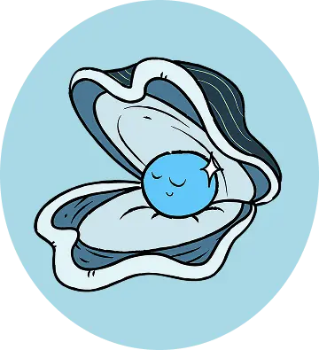 Illustration of an open oyster shell with a smiling, sparkling blue pearl inside on a light blue background.