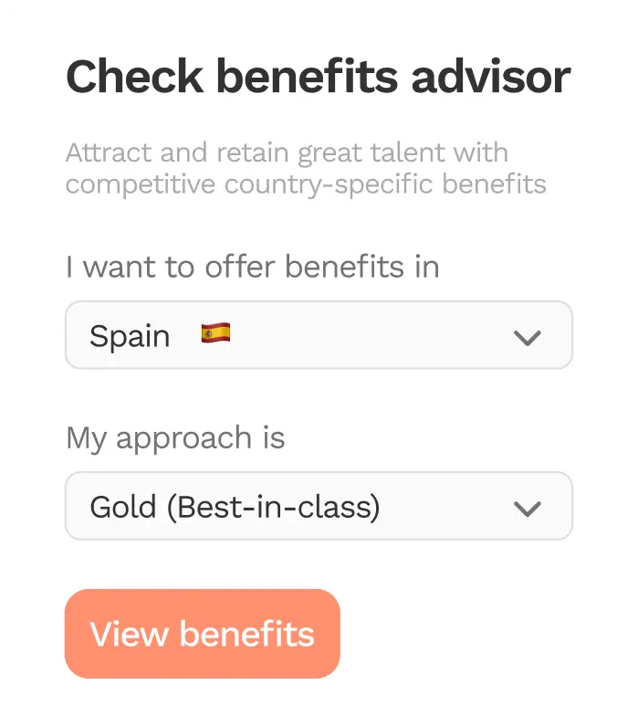 Example of Oyster UI showing xheck benefits advisor offering selection of country Spain with flag and approach Gold (Best-in-class) with a View benefits button.