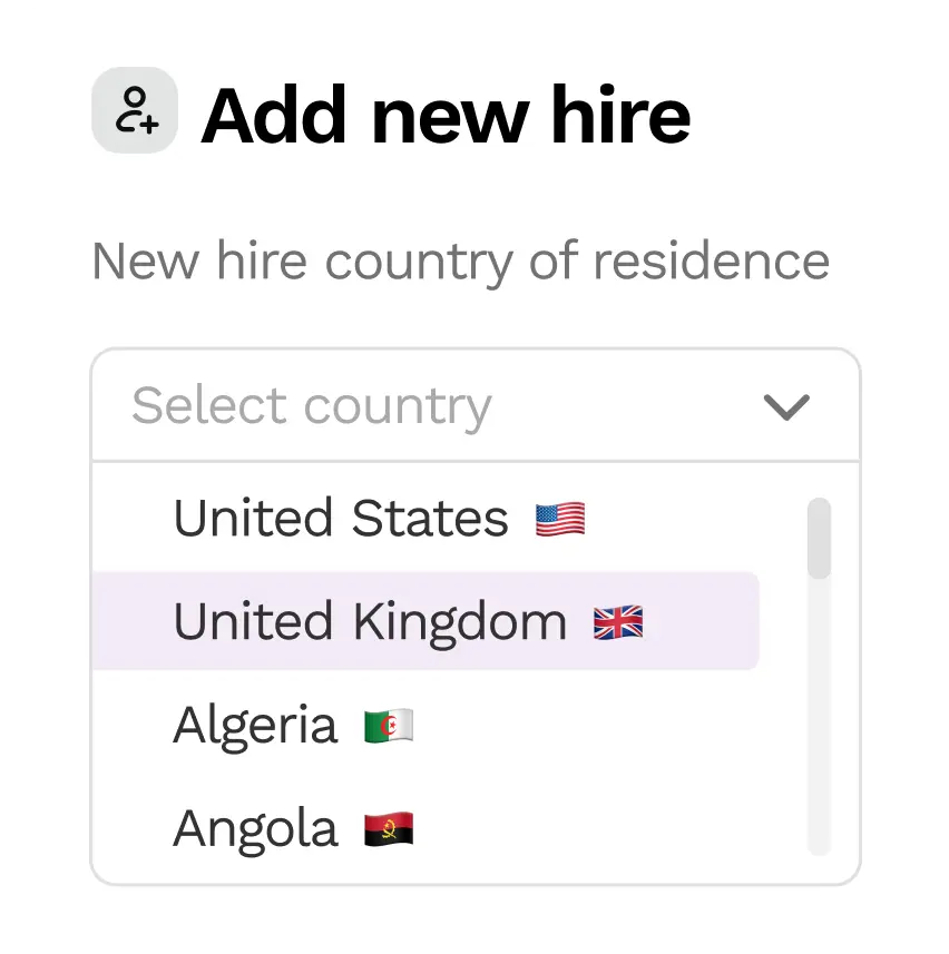 Dropdown menu titled 'Add new hire' showing country selection options including United States, United Kingdom, Algeria, and Angola with corresponding flags, with United Kingdom highlighted.