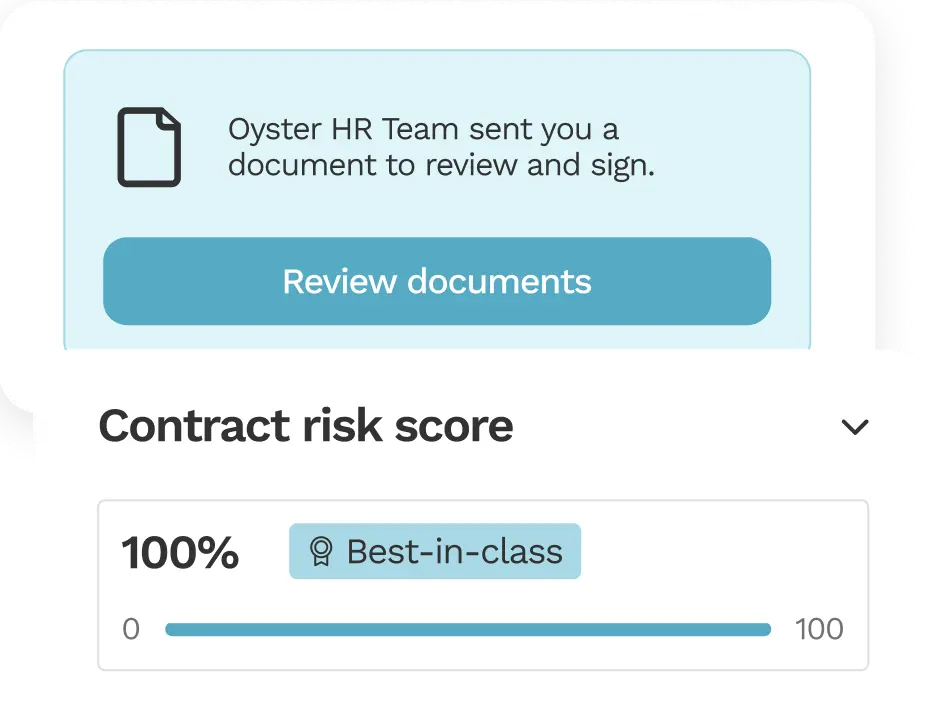Notification from Oyster HR Team with a document to review and sign button, followed by a contract quality score of 100% labeled best-in-class with a progress bar.