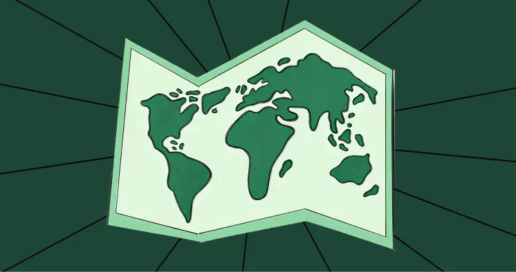 Illustrated world map with simplified continents on a folded paper against a dark, radial background.