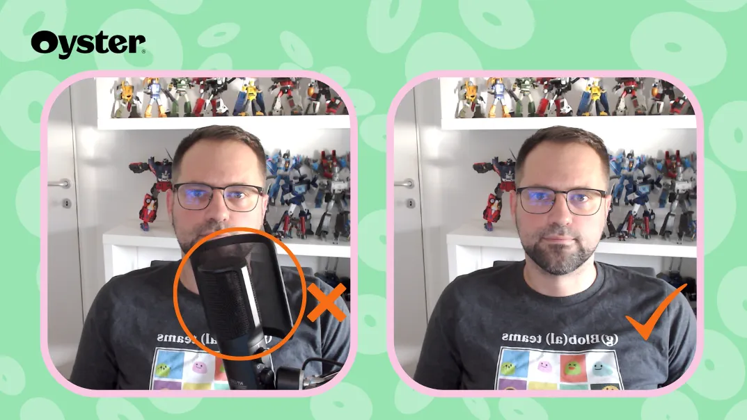 Split image showing a man with glasses and a beard. Left: microphone blocking face, marked with an X. Right: clear view, marked with a checkmark. 