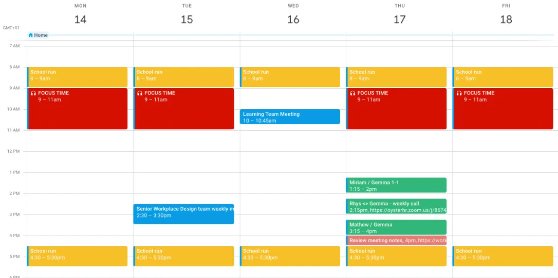 Weekly calendar view from September 14 to 18, showing school runs, focus time in red, meetings in blue, and personal appointments in green.