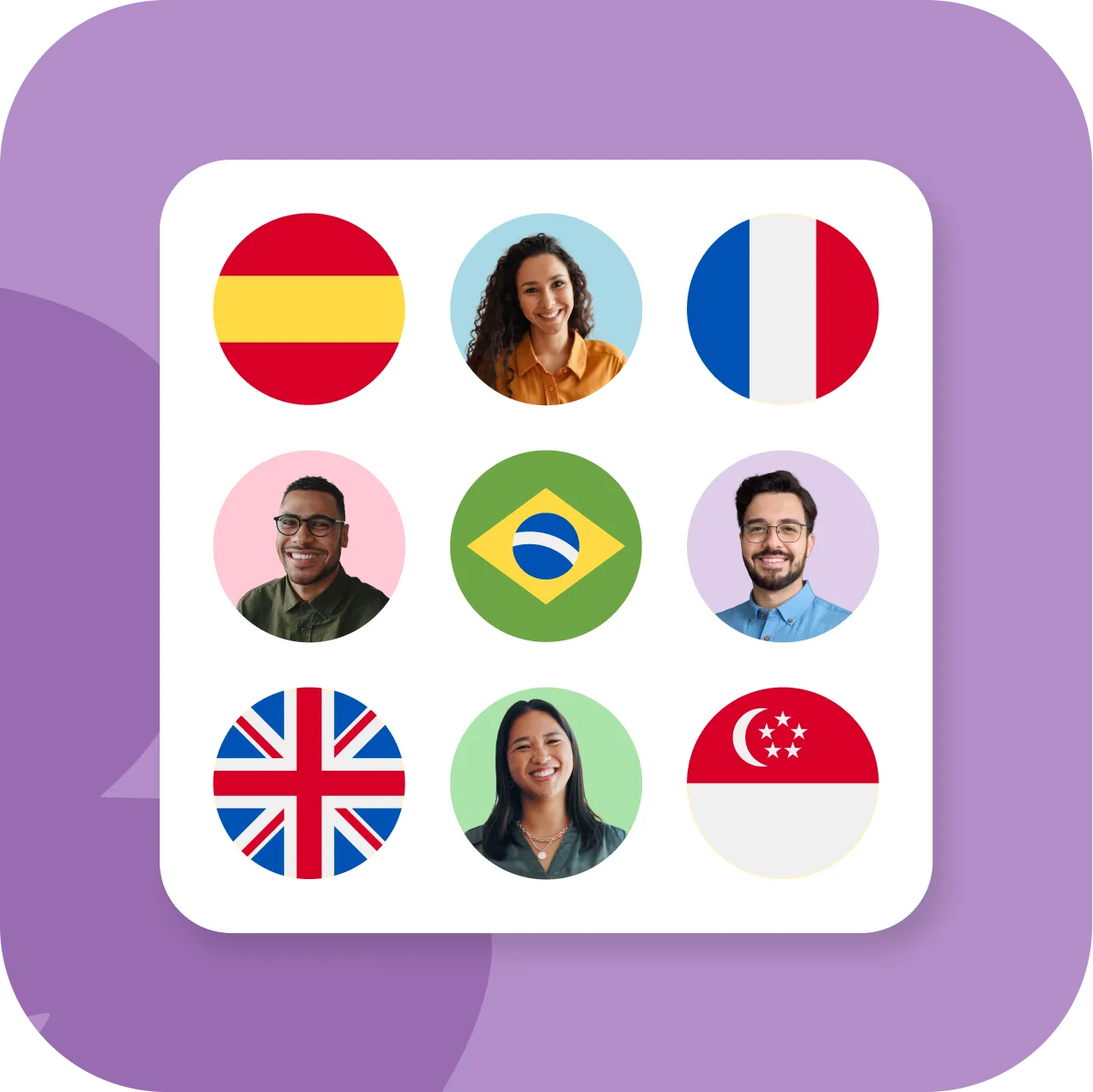 Grid of nine circles features international flags and smiling people. Flags include Spain, France, Brazil, UK, and Singapore. Background is purple.