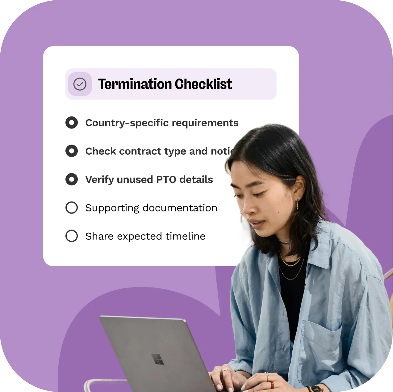 A woman intently works on a laptop, seated on the right. On the left, a "Termination Checklist" is displayed on a purple background with tasks like checking contract types and verifying PTO. The mood is focused and professional.