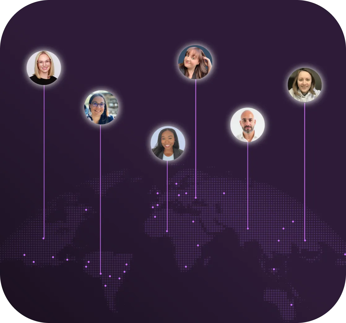 A world map on a purple background features five smiling people in circles connected by lines. Icons of a shield, location pin, and checkmark surround them.