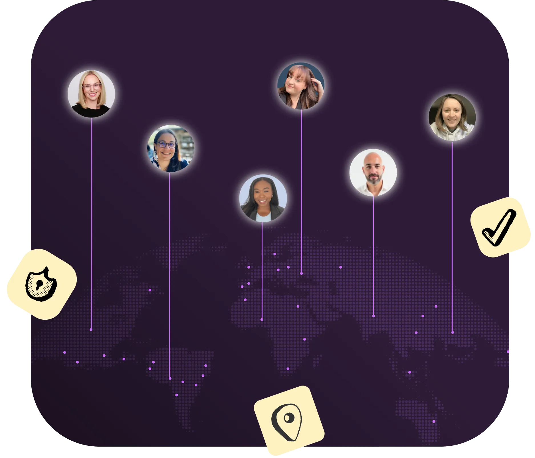 A world map on a purple background features five smiling people in circles connected by lines. Icons of a shield, location pin, and checkmark surround them.